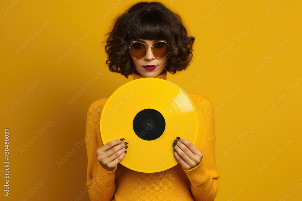 Young beautiful woman holding old vinyl retro record. Vinyl gramophone record on yellow background. 80s and 90s style. Disco party. Love music concept Young beautiful woman holding old vinyl retro record. Vinyl gramophone record on yellow background. 80s and 90s style. Disco party. Love music concept