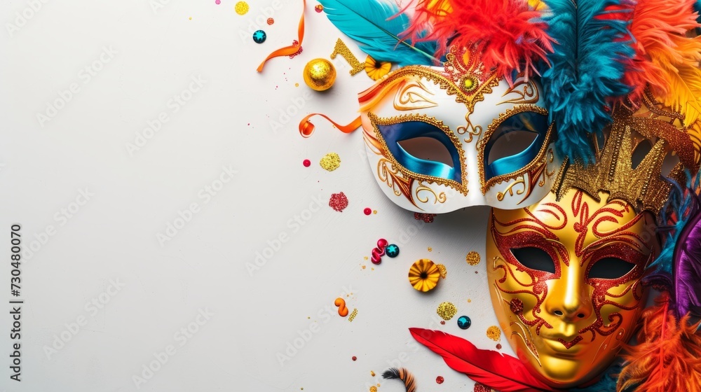 Festive carnival arrangement showcasing lively masks and decorations on a sophisticated white background, generative ai
