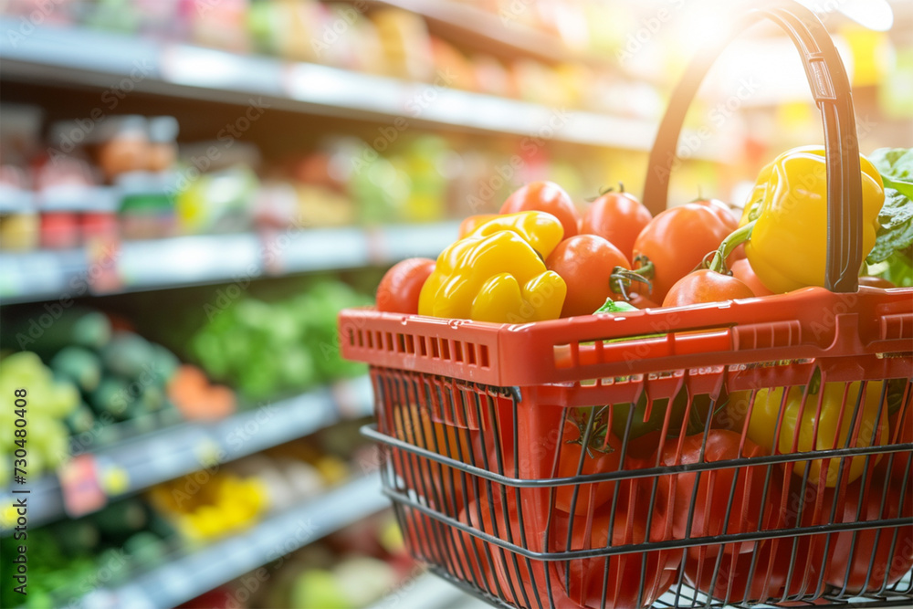 Shopping basket with fresh food. Grocery supermarket with abstract blur grocery store aisle defocused background, 