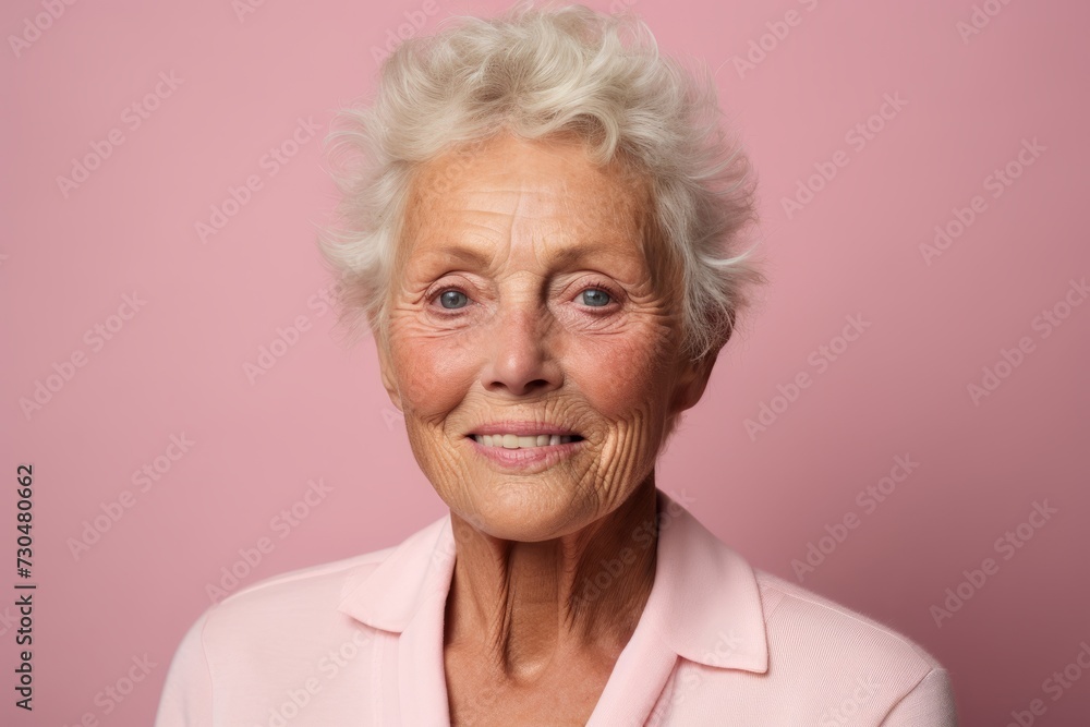 Portrait of happy senior woman with wrinkles on her face, isolated on pink background Portrait of happy senior woman with wrinkles on her face, isolated on pink background