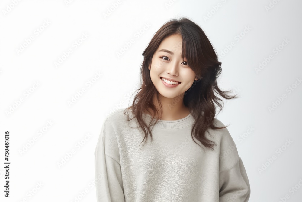 A mockup featuring a young woman wearing a sweatshirt, isolated on a white background. Generative AI. A mockup featuring a young woman wearing a sweatshirt, isolated on a white background. Generative AI.