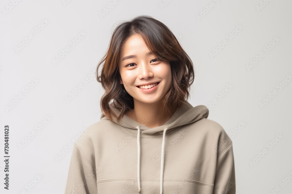 A mockup featuring a young woman wearing a sweatshirt, isolated on a white background. Generative AI. A mockup featuring a young woman wearing a sweatshirt, isolated on a white background. Generative AI.