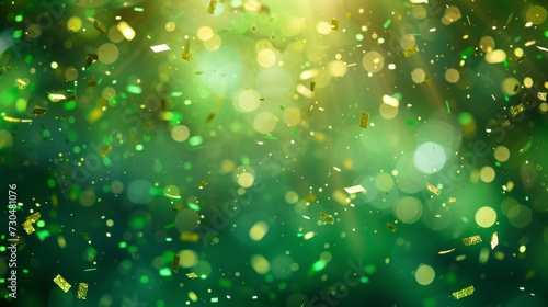 Festive green bokeh confetti floating down on a lively green background, generative ai