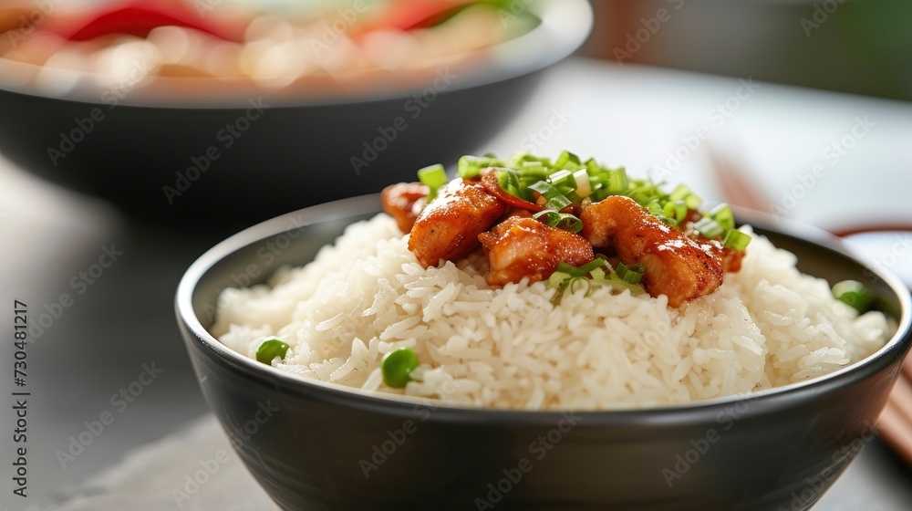 steamed rice with fried chicken or hainanese chicken rice, realistic, HD, copy space - generative ai steamed rice with fried chicken or hainanese chicken rice, realistic, HD, copy space - generative ai