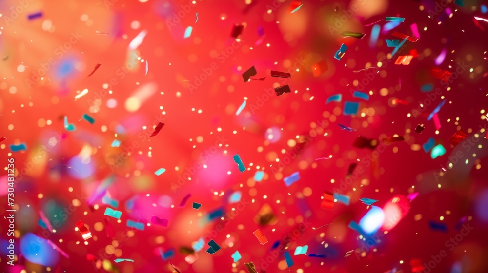 Festive holographic confetti arrangement on a dynamic red backdrop, generative ai Festive holographic confetti arrangement on a dynamic red backdrop, generative ai