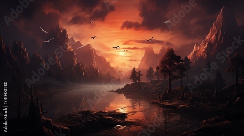 A sunset casts an orange glow over a misty river running through a rugged landscape with soaring birds and towering, shadowy mountains