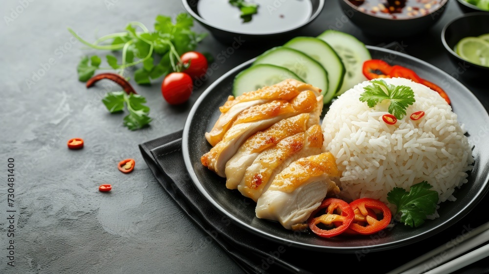 steamed rice with fried chicken or hainanese chicken rice, realistic, HD, copy space - generative ai steamed rice with fried chicken or hainanese chicken rice, realistic, HD, copy space - generative ai