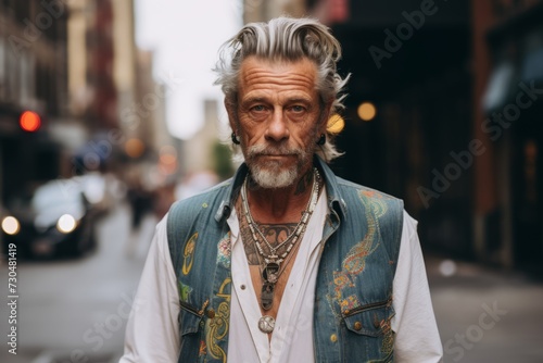 Portrait of a handsome senior man with gray hair and beard wearing a denim jacket in the city.