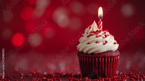 Festive red velvet cupcake topped with a single candle generative ai © ThisDesign