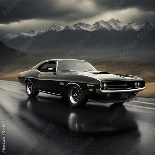 Classic muscle car with a sleek, polished body, racing down an open highway with mountains in the background. 