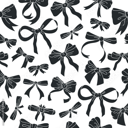 Bows silhouettes pattern. Hand drawn silk bow-knot seamless design, Birthday gifts boxes ribbon decoration flat vector background illustration. Monochrome bows pattern © Torontotokio