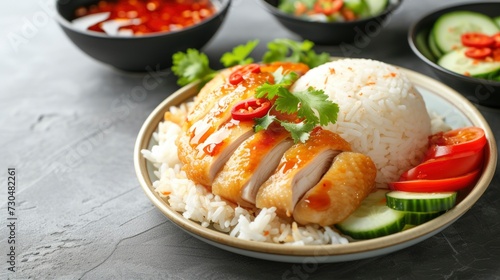 steamed rice with fried chicken or hainanese chicken rice, realistic, HD, copy space - generative ai