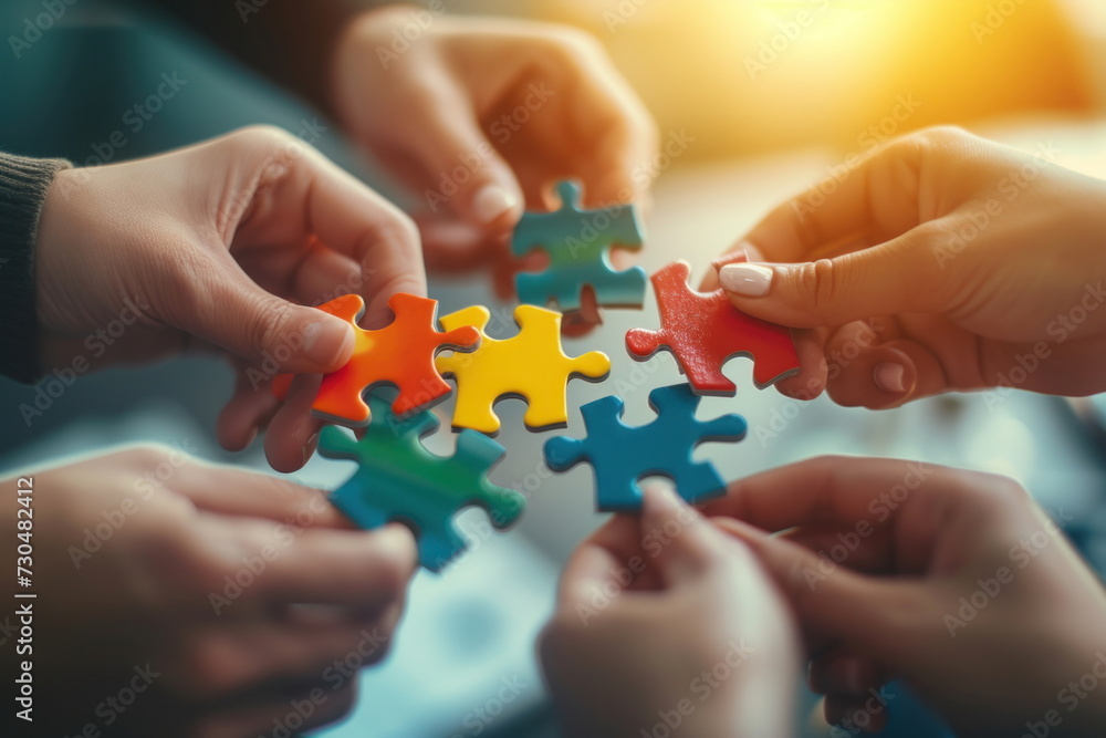 Hands join puzzle pieces, putting the jigsaws team together, business concept
Hands join puzzle pieces, putting the jigsaws team together, business concept
