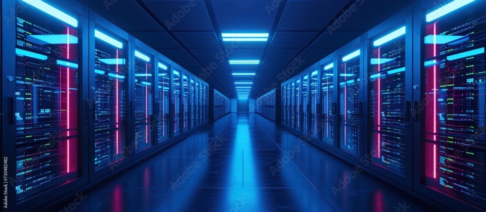 Dark empty Server room data center with blue neon light. AI generated image