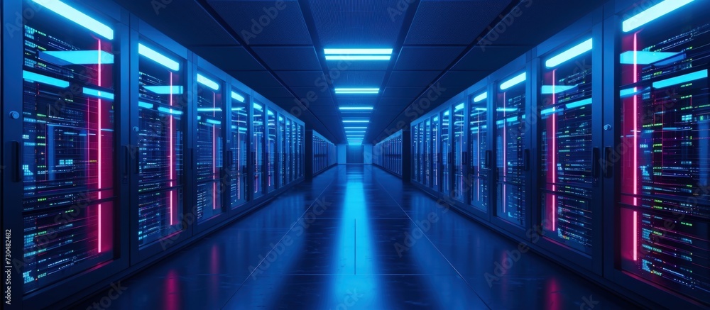 Dark empty Server room data center with blue neon light. AI generated image Dark empty Server room data center with blue neon light. AI generated image