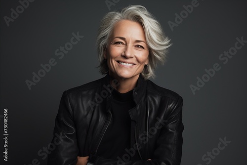 Portrait of smiling mature woman in leather jacket, isolated on grey