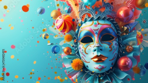 Cheerful carnival design with colorful masks and fun decorations on a dreamy pastel blue background. generative ai