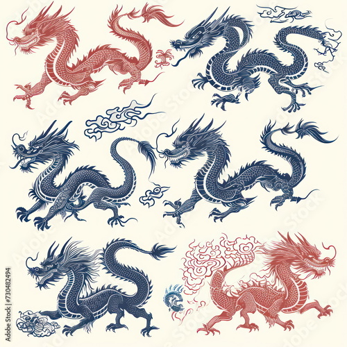Collection of Chinese style dragon on white background