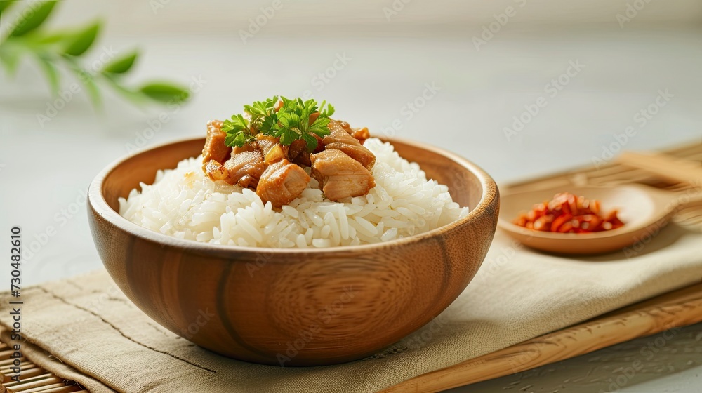 steamed rice with fried chicken or hainanese chicken rice, realistic, HD, copy space - generative ai steamed rice with fried chicken or hainanese chicken rice, realistic, HD, copy space - generative ai