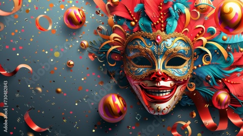 Lively carnival design with dynamic masks and celebratory ornaments against a modern and sleek gray background generative ai © ThisDesign