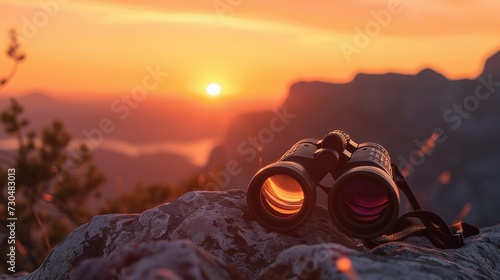Binocular with backpack on top of rock mountain at sunset