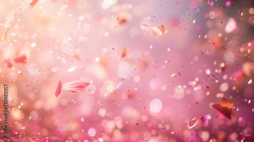 Realistic style bokeh effect confetti gently floating on a radiant pink background, generative ai