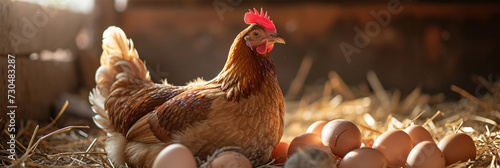 mother hen incubates eggs on the farm .A chicken sits next to fresh eggs in a chicken coop lined with straw. photo