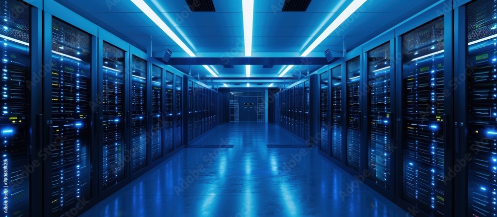 Dark empty Server room data center with blue neon light. AI generated image Dark empty Server room data center with blue neon light. AI generated image
