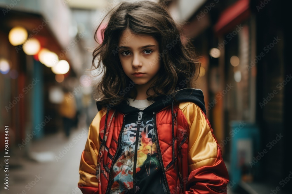 portrait of a beautiful little girl in a coat on the street
