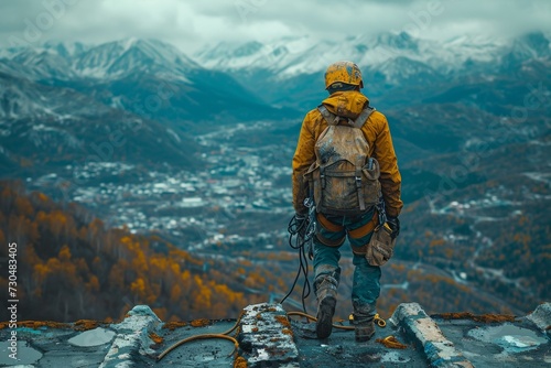 Adventurous hiker overlooking a mountainous landscape