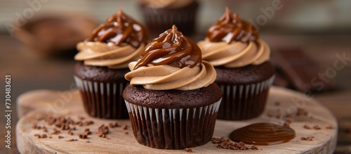Chocolate cupcakes are filled generously with delicious caramel, enhancing the taste and extravagance.