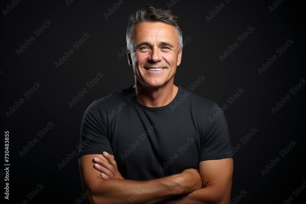 Handsome middle age man with arms crossed over black background. Handsome middle age man with arms crossed over black background.