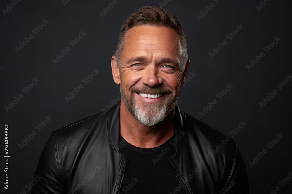 Portrait of a happy mature man in a black leather jacket.