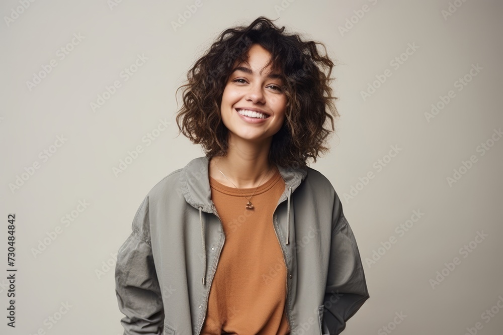 Portrait of a beautiful young woman with curly hair smiling at camera Portrait of a beautiful young woman with curly hair smiling at camera
