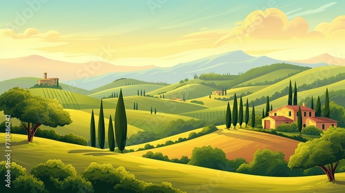 Landscape view of Tuscany hills. Italian countryside panorama with olive trees, old farmhouses and cypress. Rural panoramic scenery landscape. Vector illustration photo