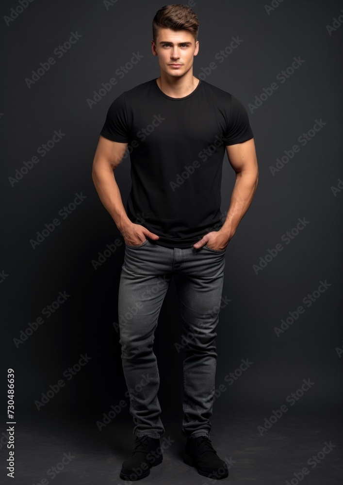 young male model in a black T-shirt on a black background young male model in a black T-shirt on a black background