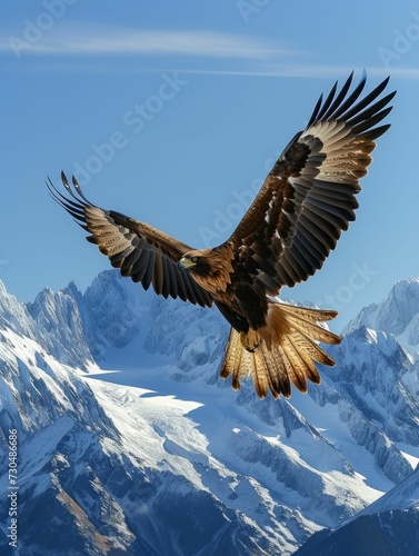 A regal eagle flying high over frosty peaks, its wings outstretched in the vastness of the azure sky, symbolizing liberty.