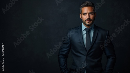 confident businessman in a professional posture, in front of an elegant black background generative ai