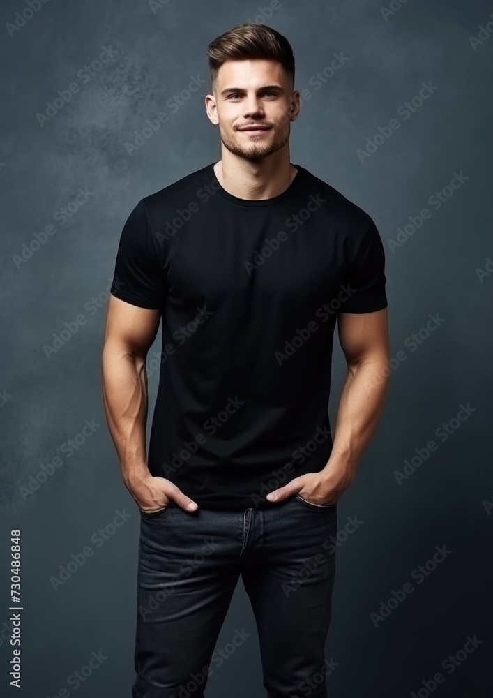 young male model in a black T-shirt on a gray background young male model in a black T-shirt on a gray background