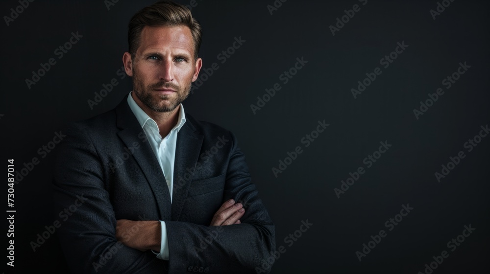 confident businessman in a professional posture, in front of an elegant black background generative ai confident businessman in a professional posture, in front of an elegant black background generative ai