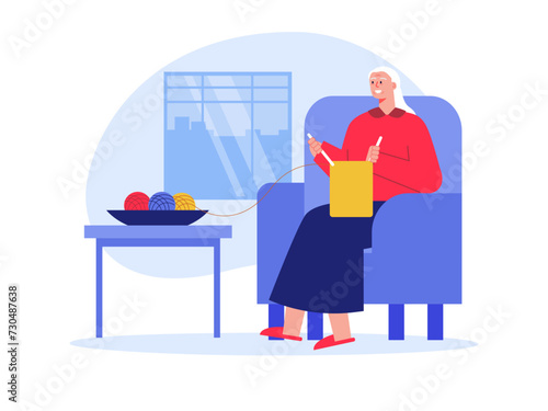 Aged woman knitting fabric. Nursing home vector illustration.