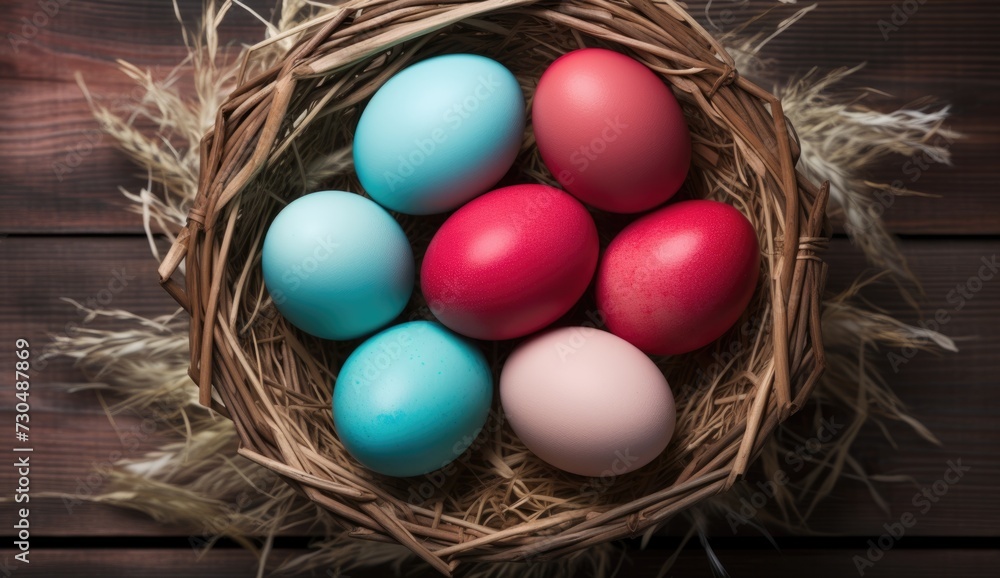 Basket with colorful Easter eggs on a wooden background. Basket with colorful Easter eggs on a wooden background.