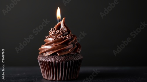Studio photograph of a decadent chocolate ganache cupcake with a single candle, generative ai