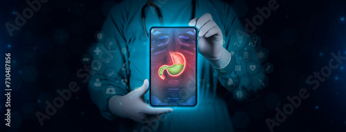 Color image of gastric juices on an x-ray. The doctor analyzes and studies hypochlorhydria and gastritis. Scene of a doctor with a tablet on a digital technological background. photo