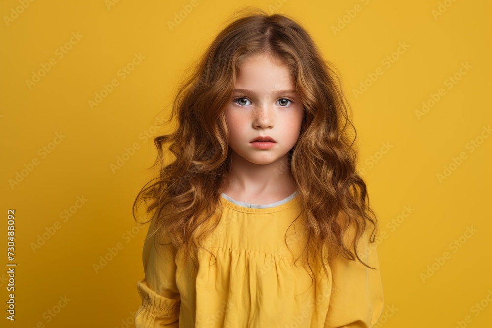 Portrait of a cute little girl with long curly hair on a yellow background Portrait of a cute little girl with long curly hair on a yellow background