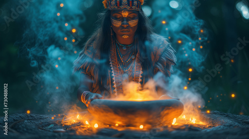 Spiritual medicine woman burns medicinal herbs in a bowl; sacred smoke for purification and healing of soul and body