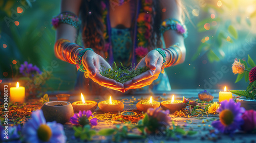 Hands of spiritual medicine woman preparing medicinal herbs with lit candles; holy ritual plants. purification and healing of soul and body. natural remedy of shaman healer, for holistic care photo