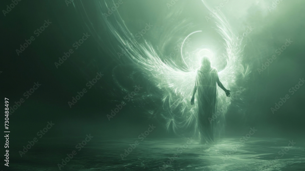 A serene angelic figure surrounded by a glowing aura leading a lost soul towards their rightful place in the afterlife. A serene angelic figure surrounded by a glowing aura leading a lost soul towards their rightful place in the afterlife.