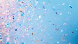 Tranquil blue pastel background complementing the holographic confetti, generative ai