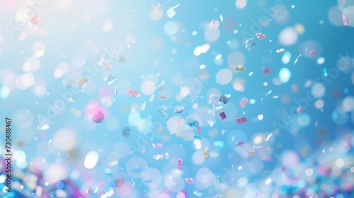 Tranquil blue pastel background complementing the holographic confetti, generative ai